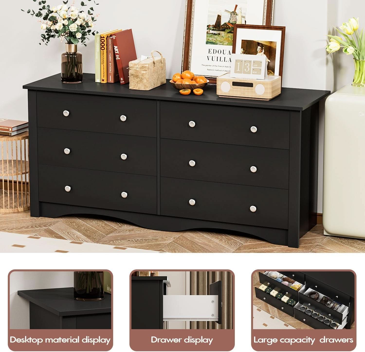 Black Dresser With 6 Drawers And TV Stand Storage Chest