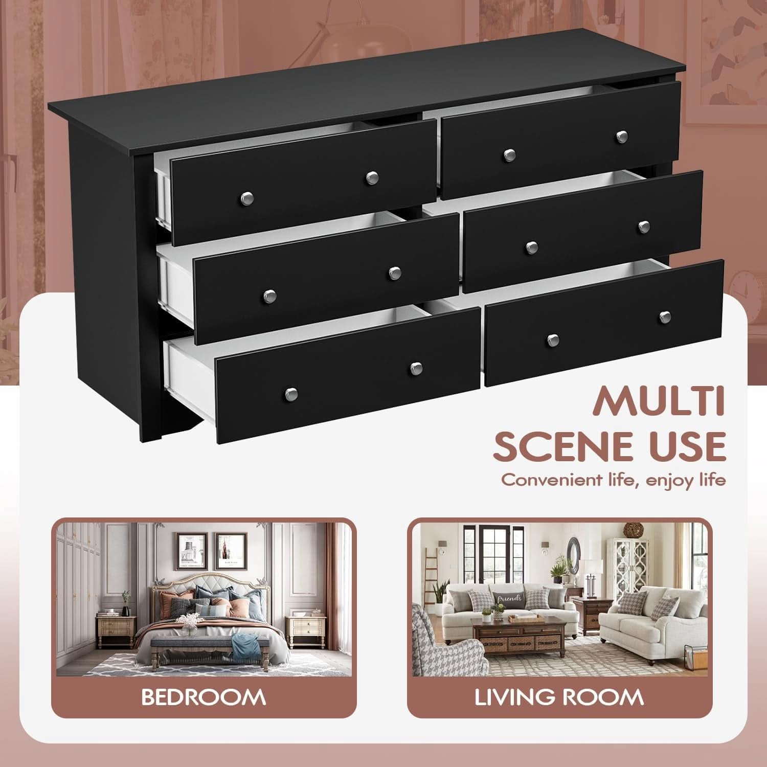 Black Dresser With 6 Drawers And TV Stand Storage Chest