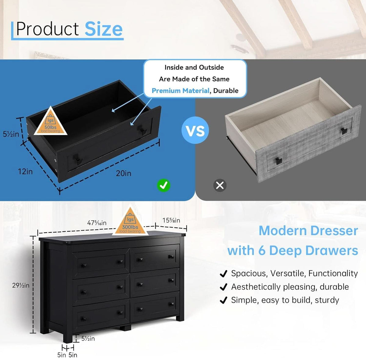 Black Dresser With 6 Drawers For Bedroom Modern Storage