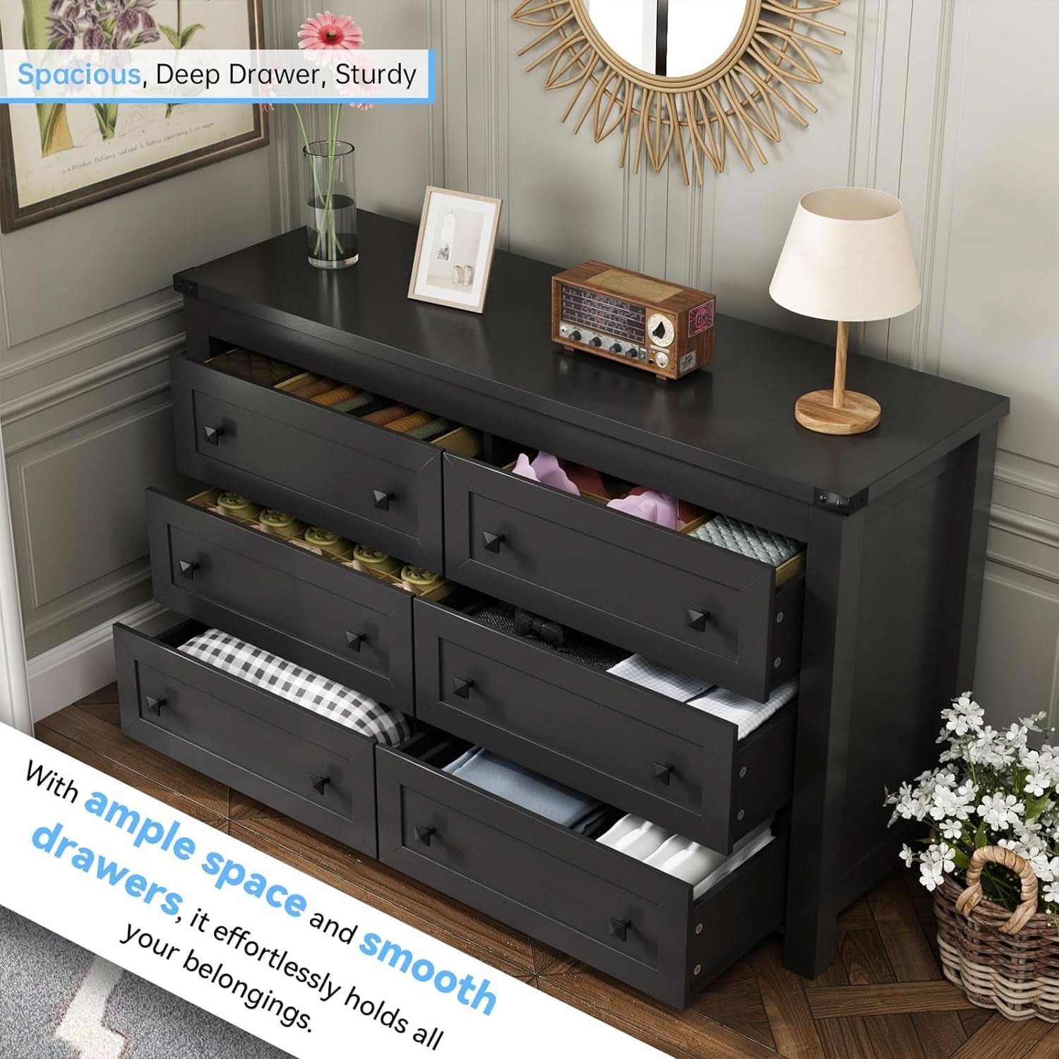 Black Dresser With 6 Drawers For Bedroom Modern Storage