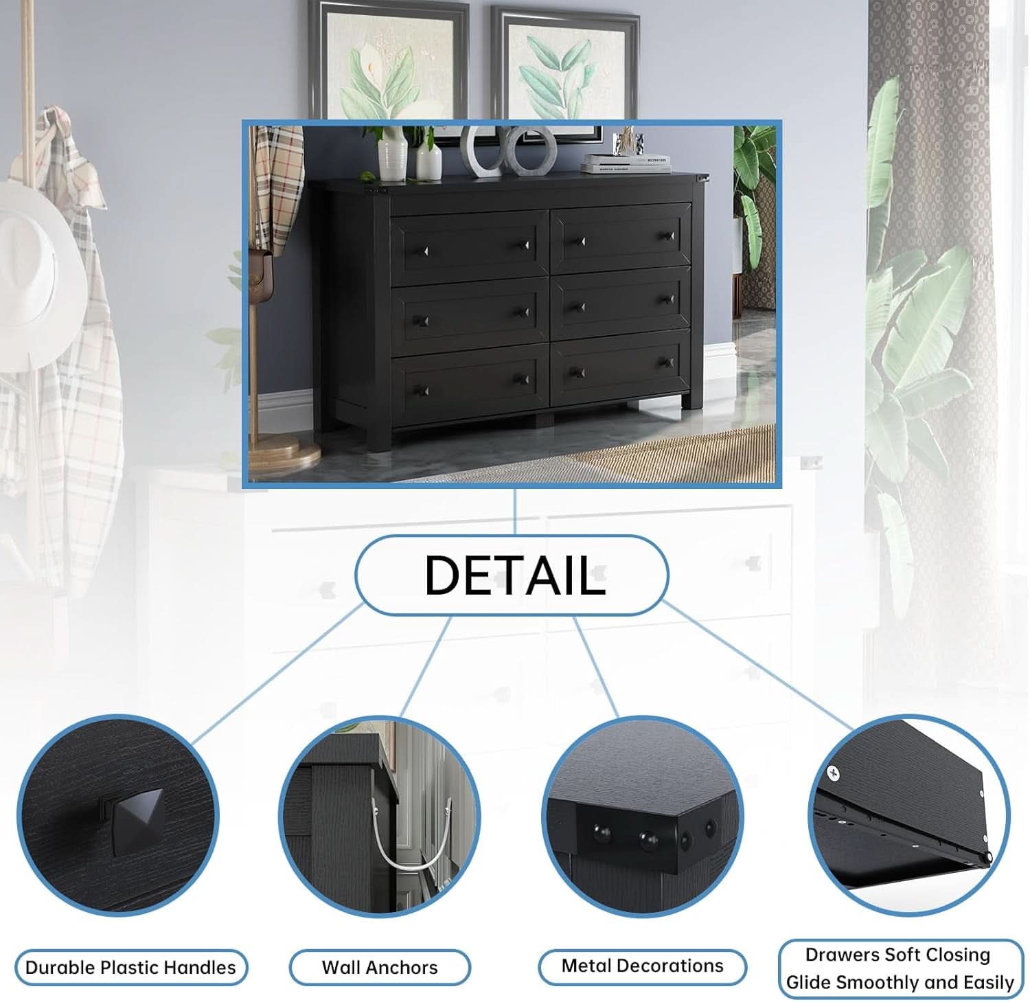Black Dresser With 6 Drawers For Bedroom Modern Storage