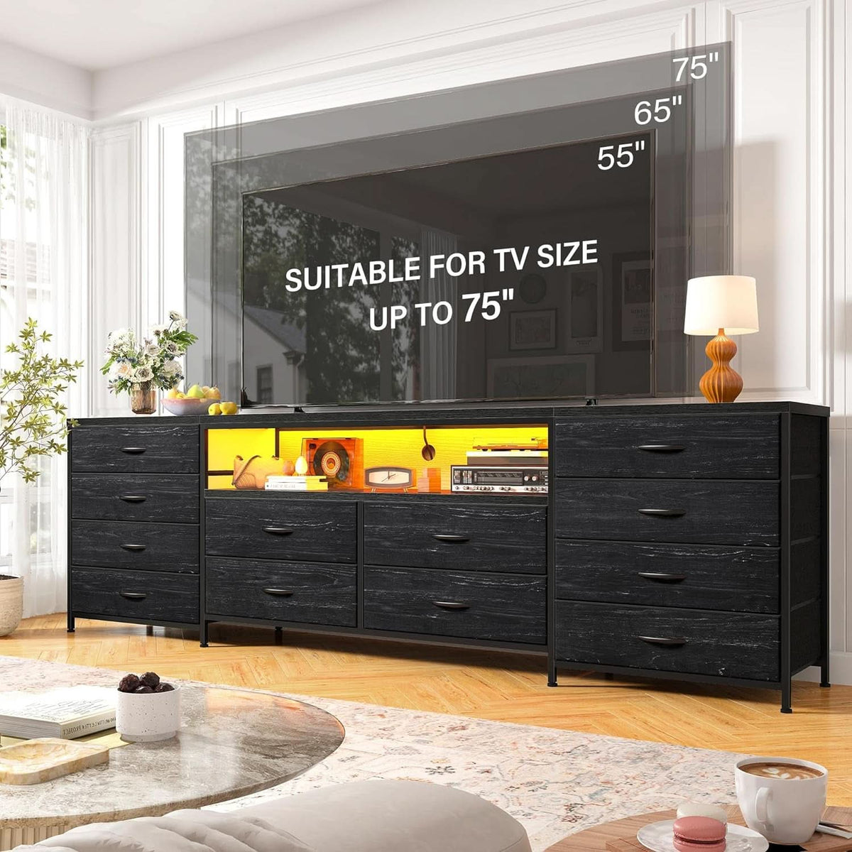 Black Dresser With 75 Inch TV Stand For Living Room