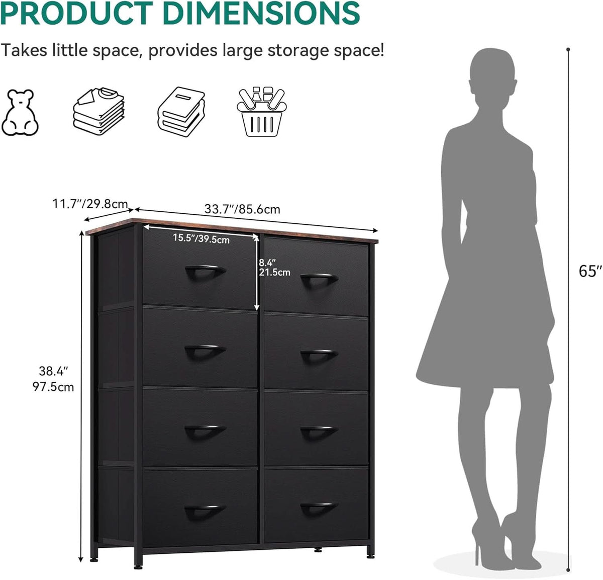 Black Dresser With 8 Drawers Tall Storage Chest For Bedroom