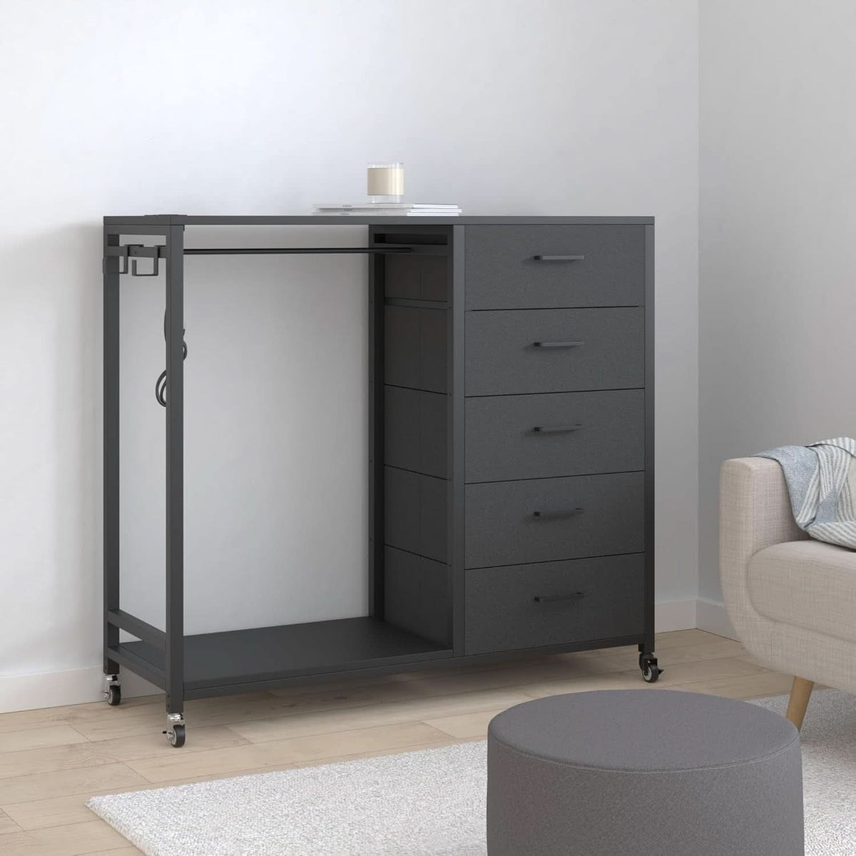 Black Dresser With Clothes Rack And 5 Drawers With Wheels