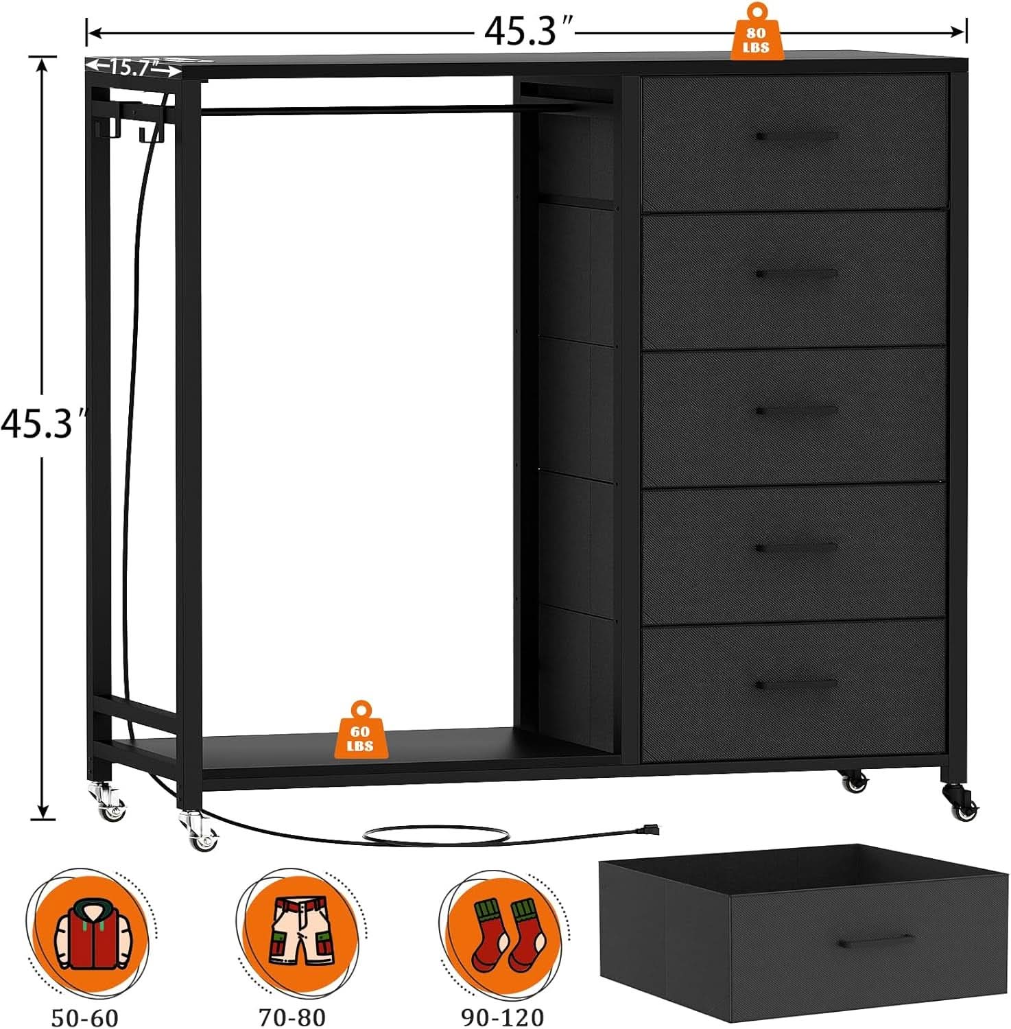 Black Dresser With Clothes Rack And 5 Drawers With Wheels