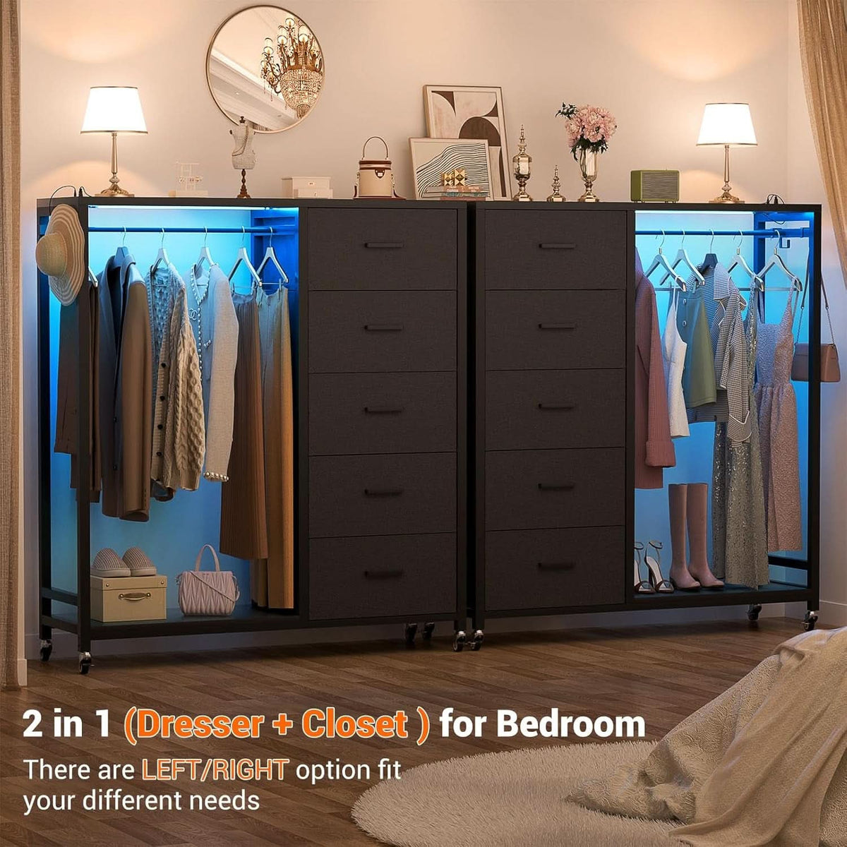 Black Dresser With Clothes Rack And 5 Drawers With Wheels