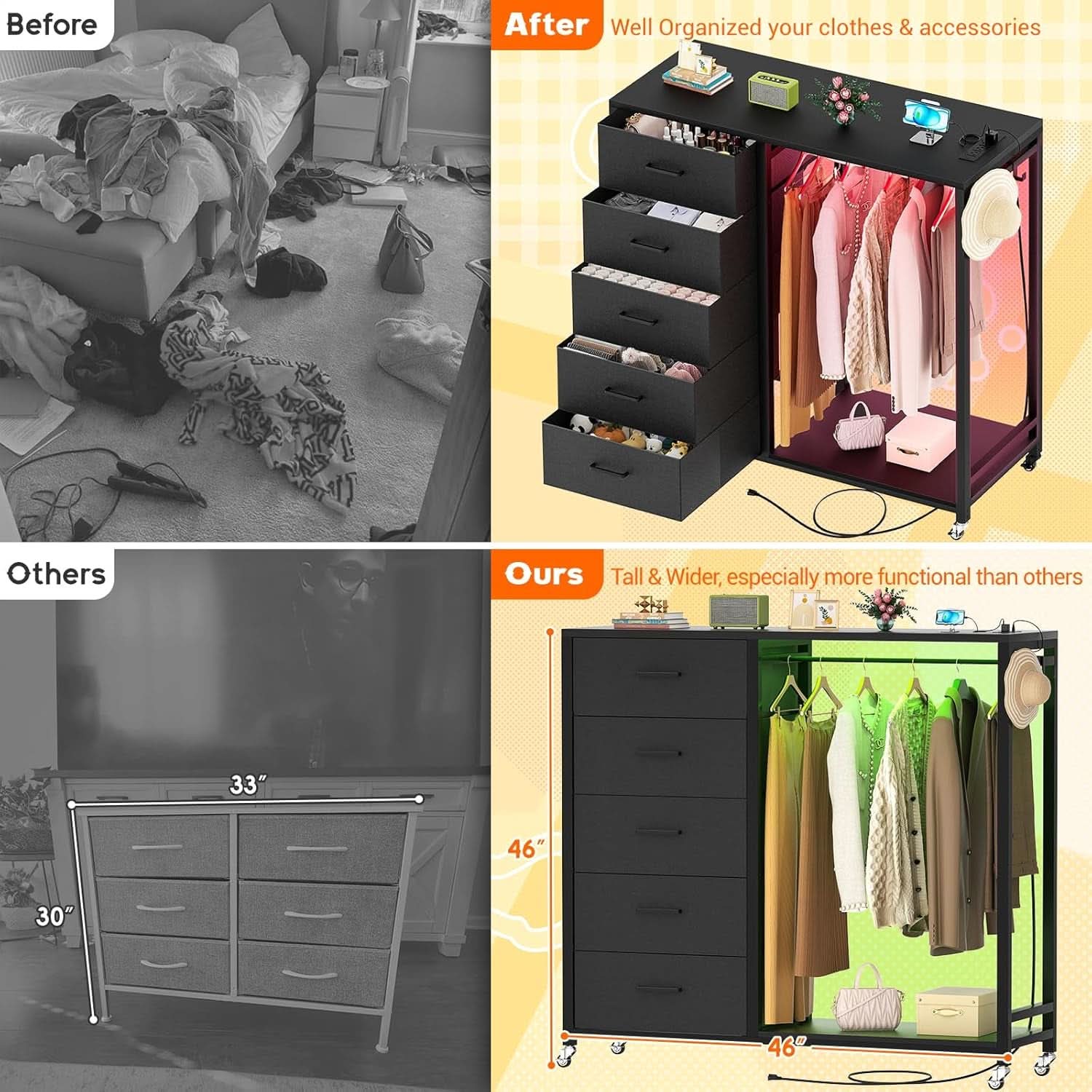 Black Dresser With Clothes Rack And 5 Drawers With Wheels