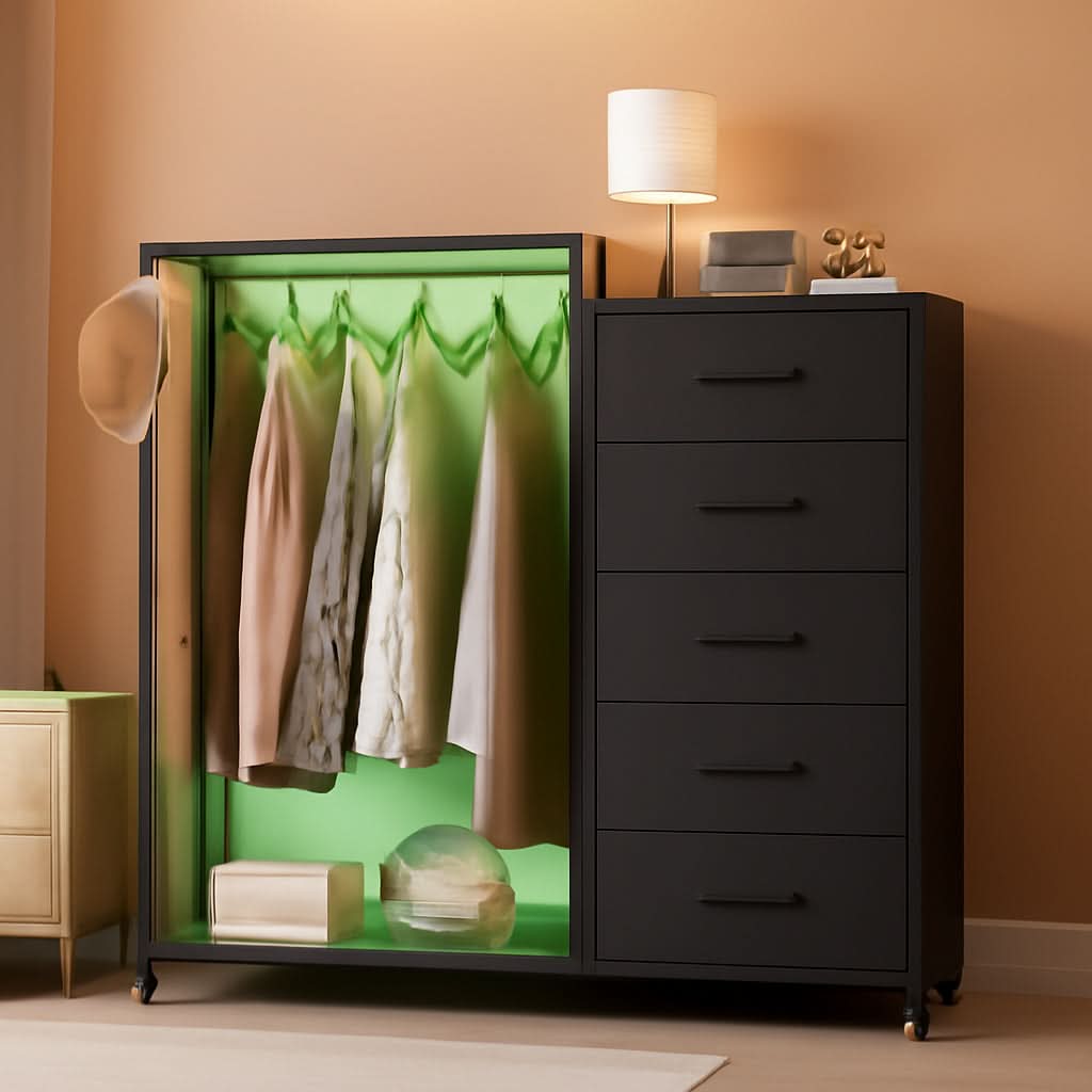Black Dresser With Clothes Rack And 5 Drawers With Wheels