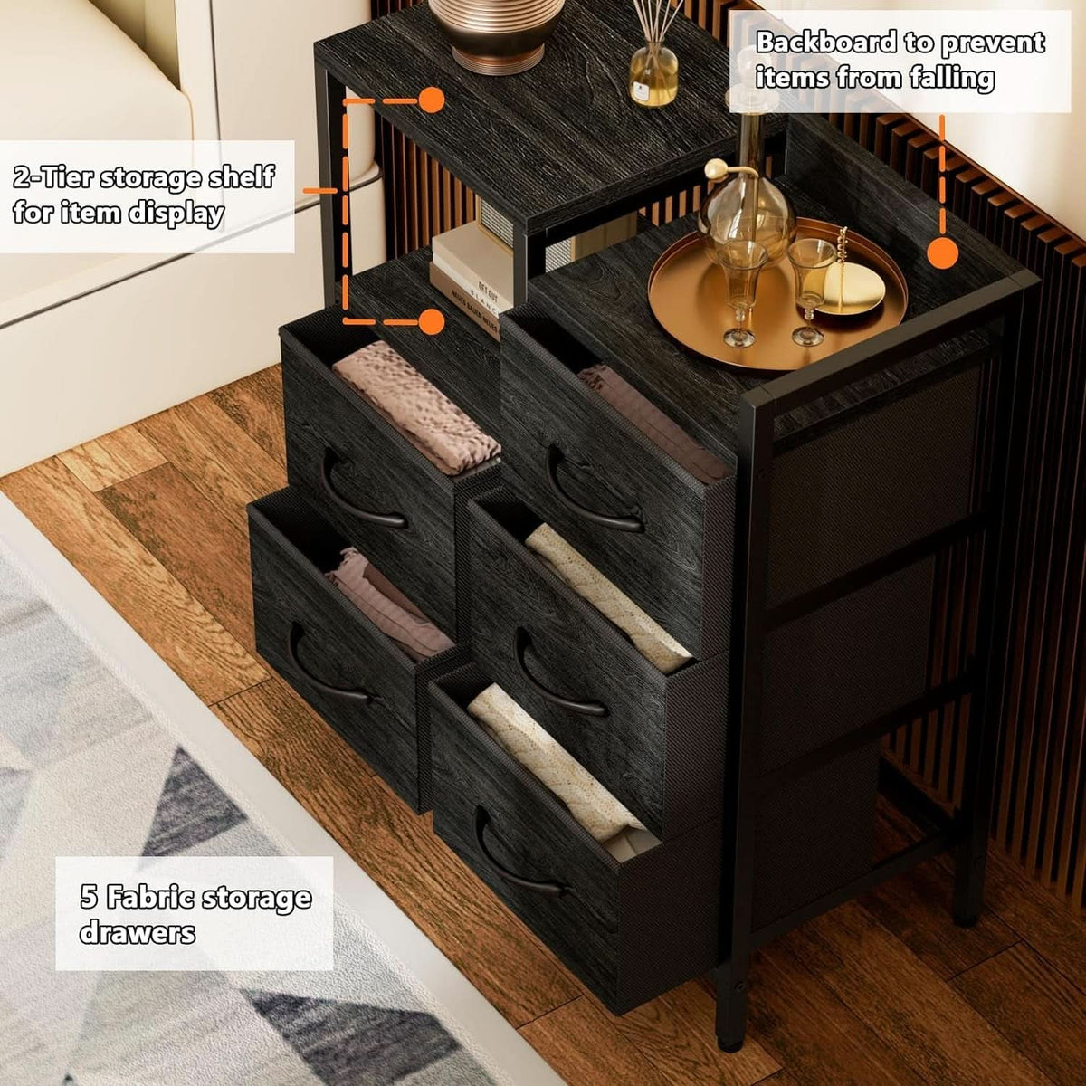 Black Dresser With Five Drawers And Two Shelves Storage