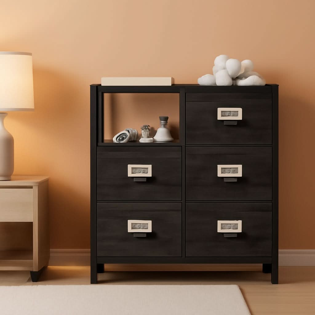 Black Dresser With Five Drawers And Two Shelves Storage