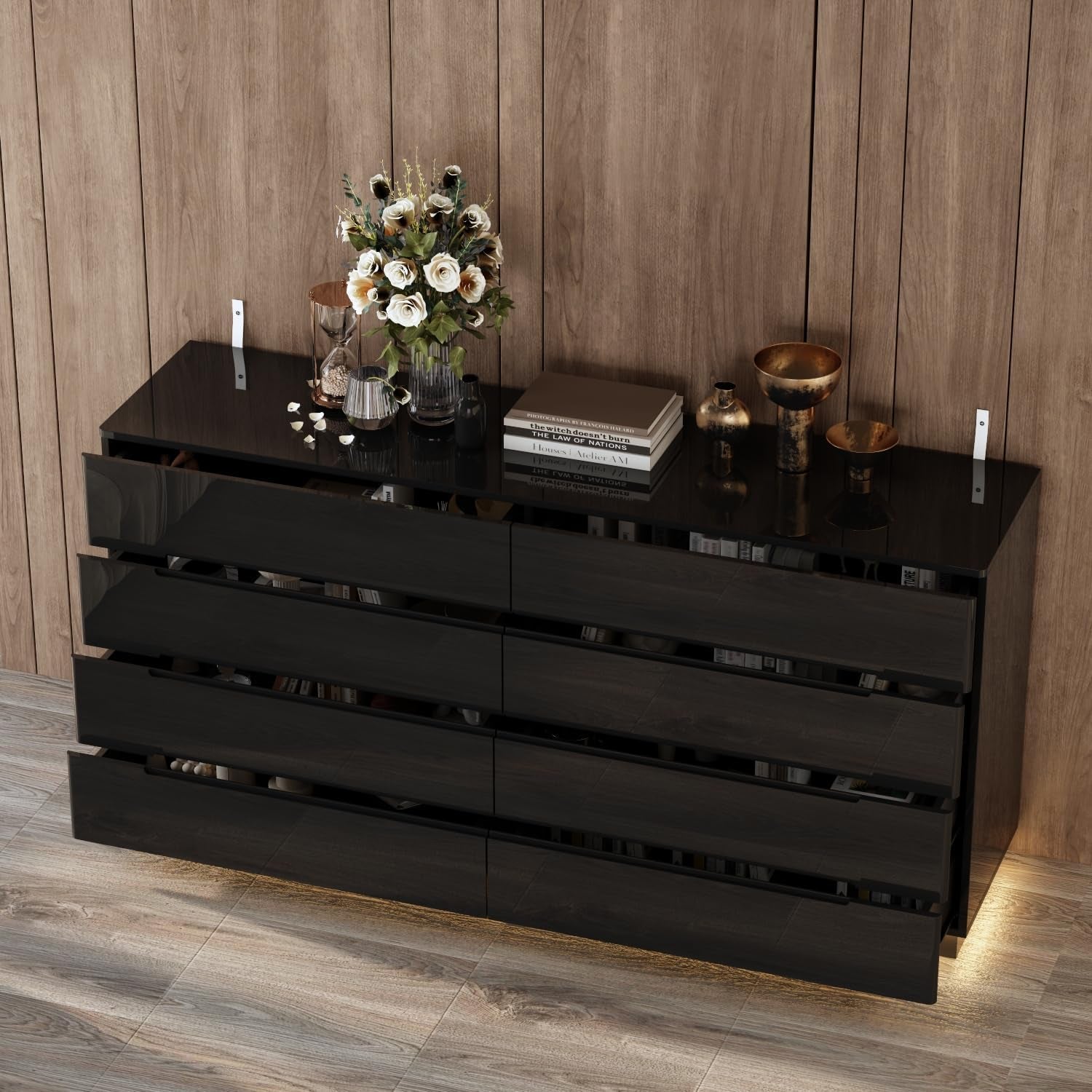 Black Dresser With Led Light 63 Inch 8 Drawer Storage Chest