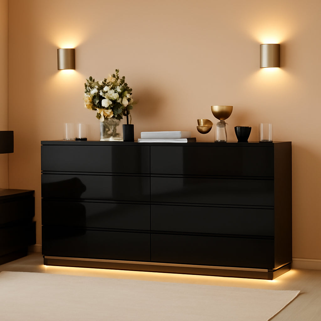 Black Dresser With Led Light 63 Inch 8 Drawer Storage Chest