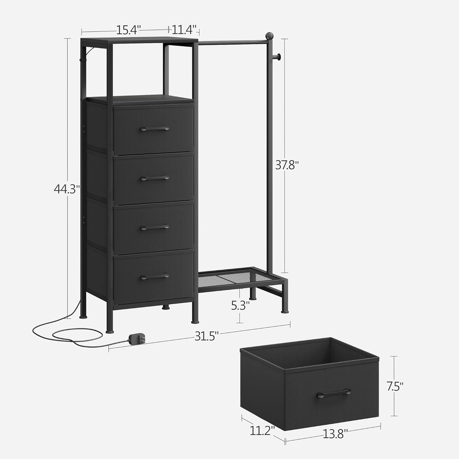 Black Dresser With Reversible Hanging Rack LED Lighting
