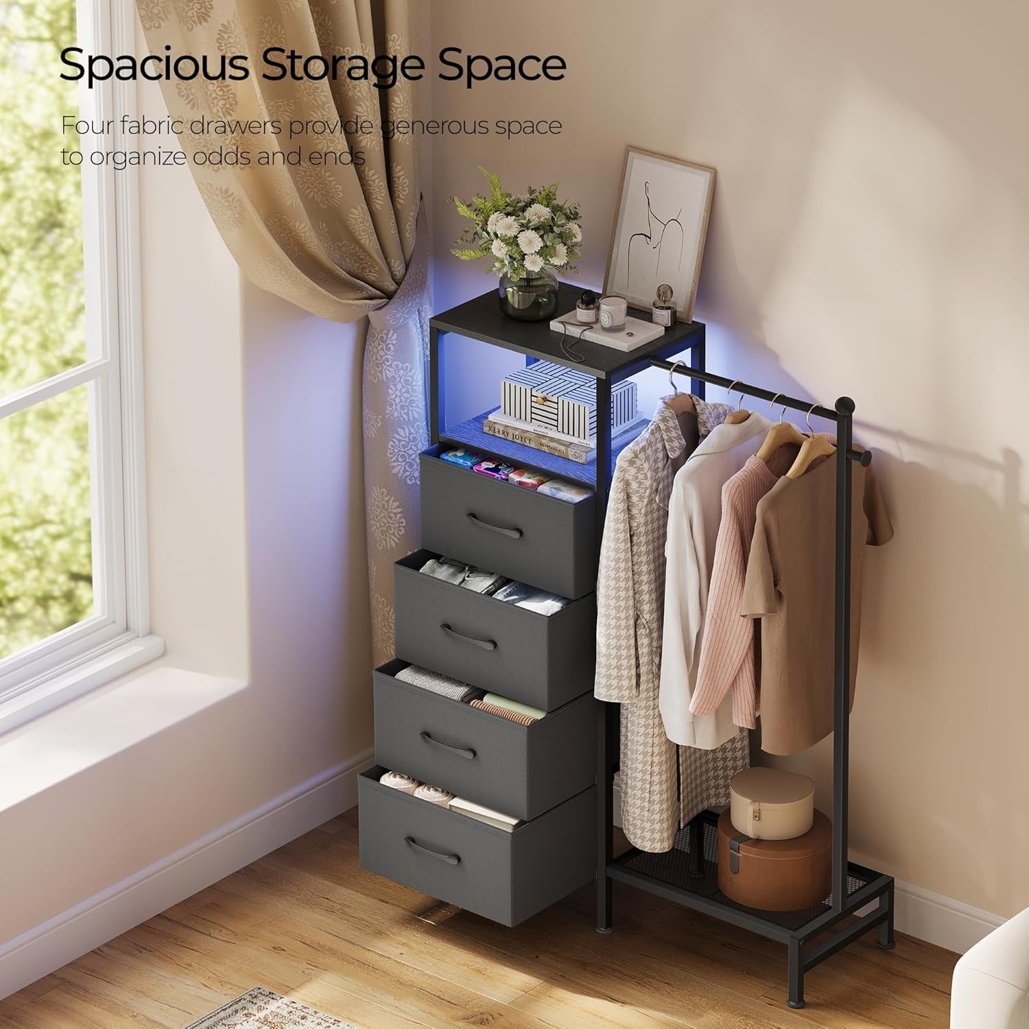 Black Dresser With Reversible Hanging Rack LED Lighting