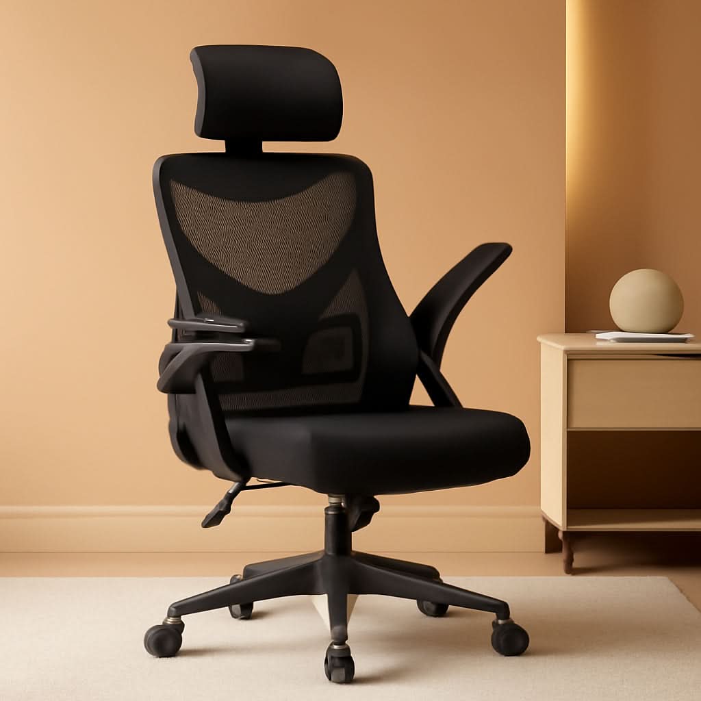 Black Ergonomic Office Chair With Adjustable Headrest And Flip Up Armrests