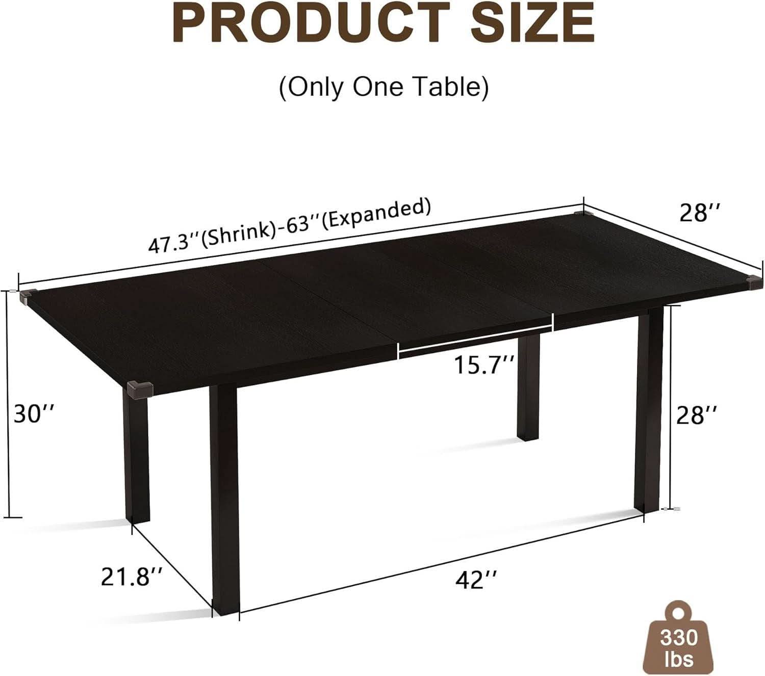 Black Extendable Dining Table 63 Inch For 4 To 6 Guests