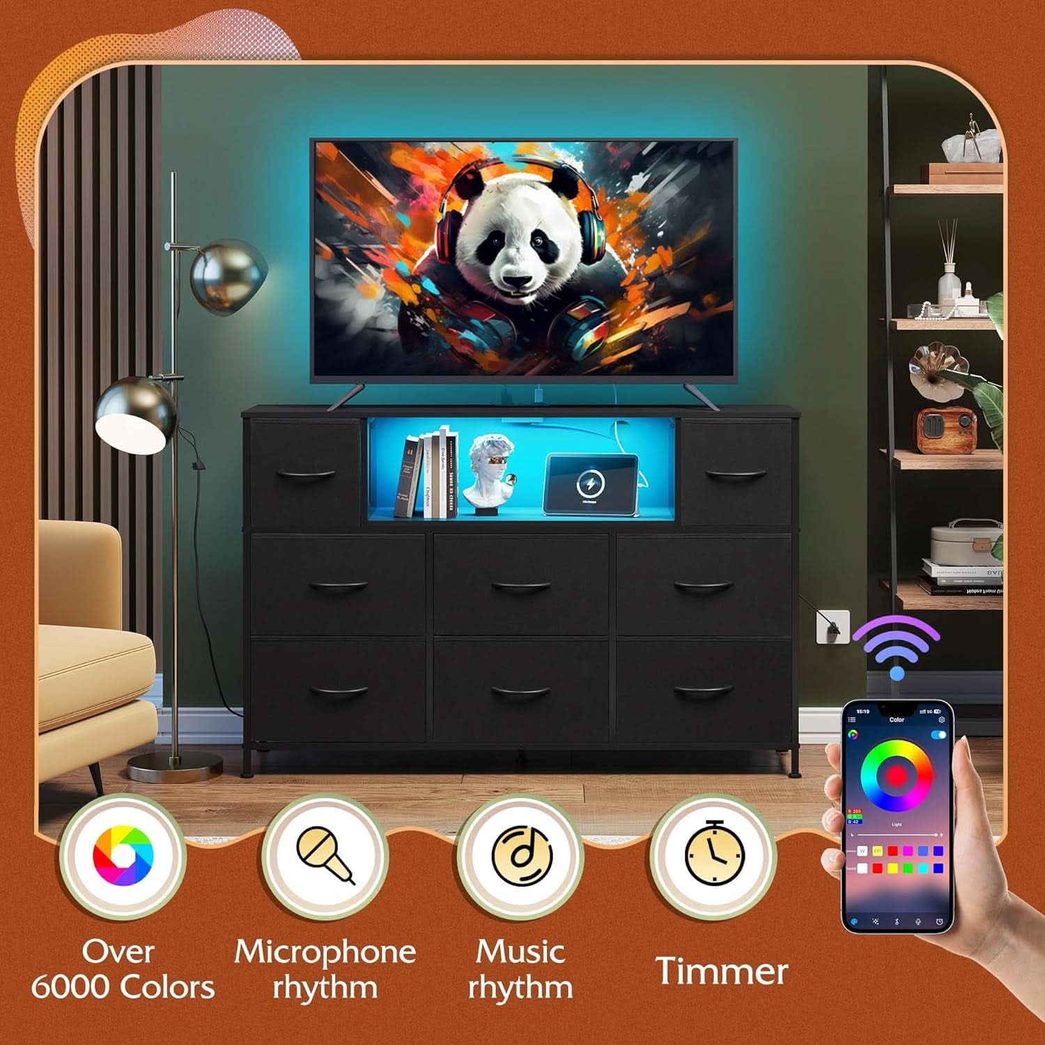 Black Fabric Dresser With Charging Station And LED Lights