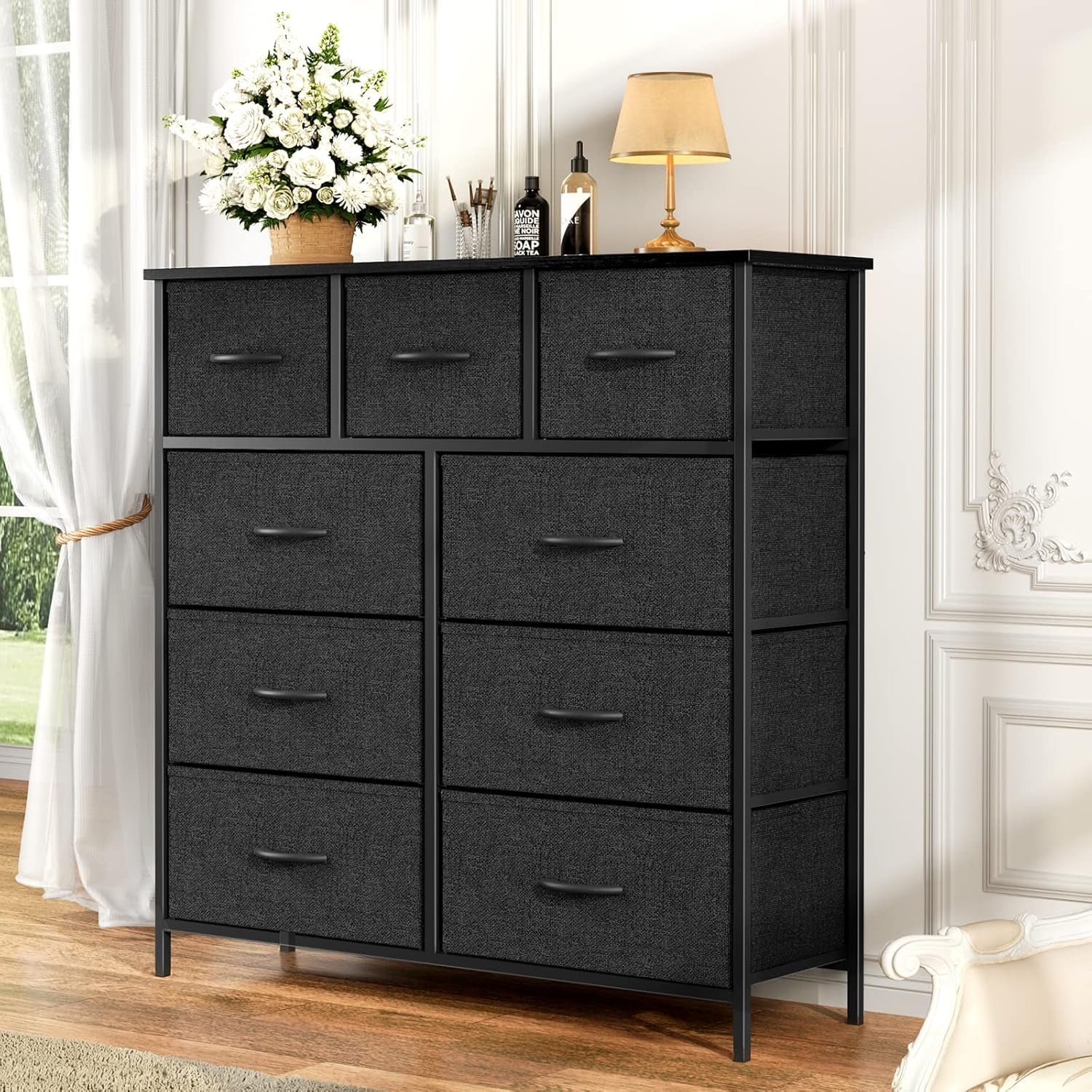 Black Fabric Dresser With Nine Drawers For Nursery