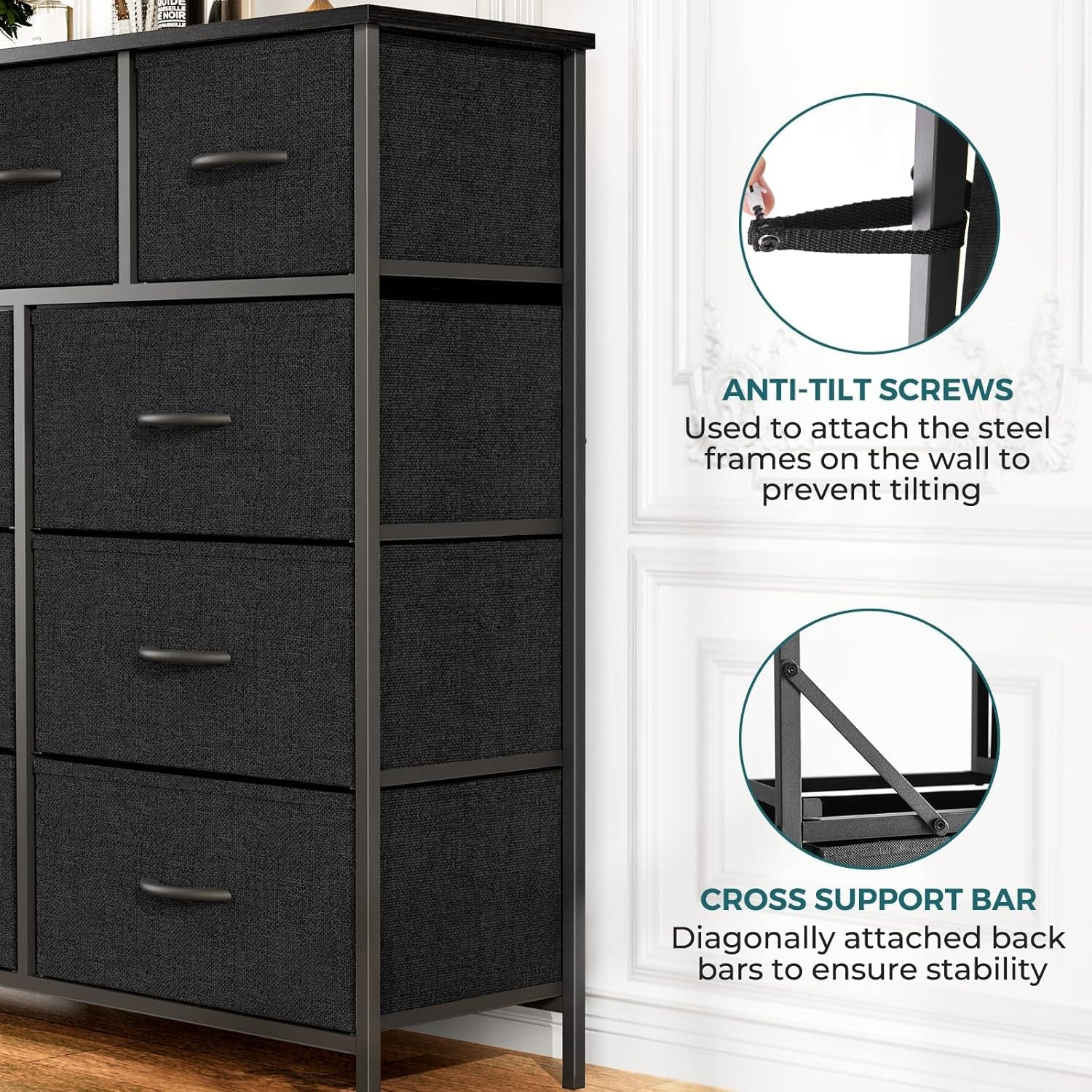 Black Fabric Dresser With Nine Drawers For Nursery