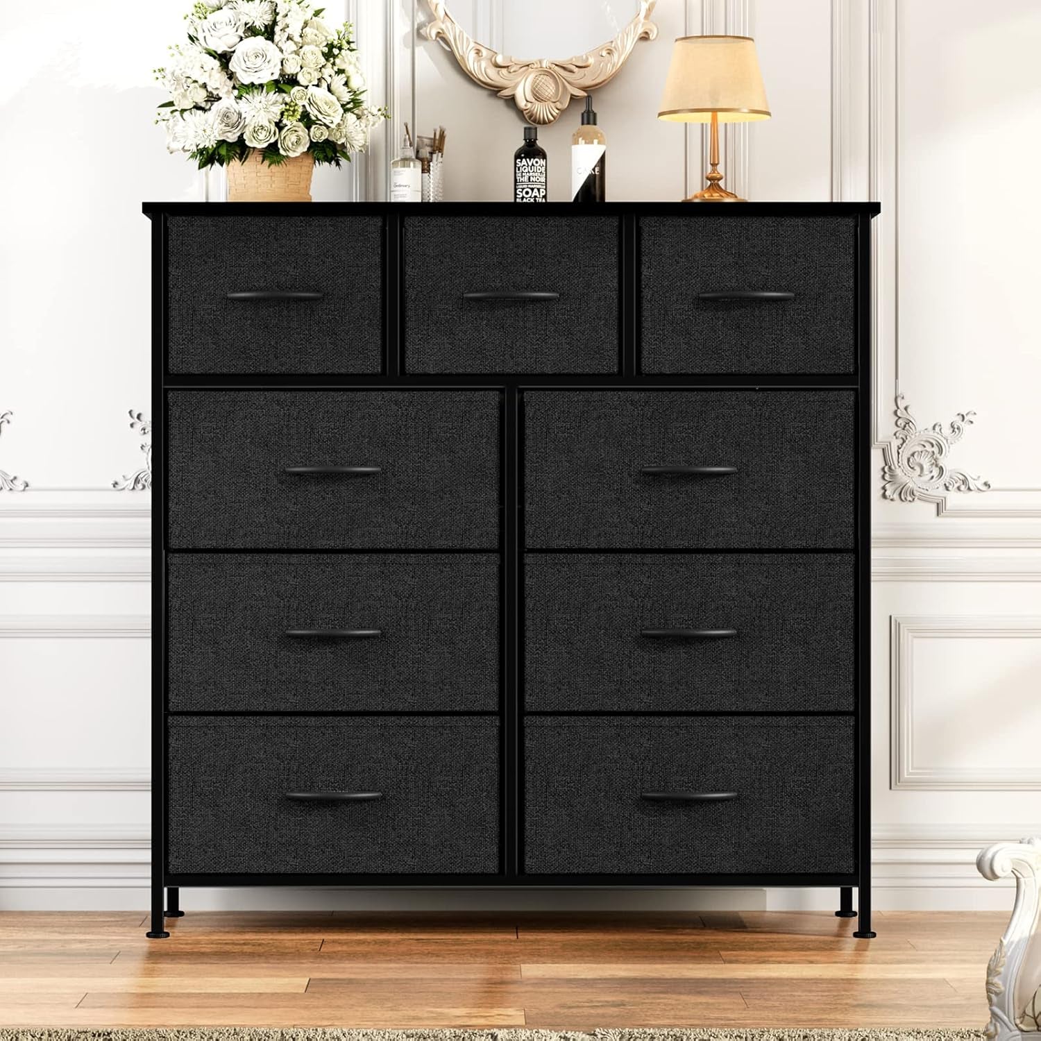 Black Fabric Dresser With Nine Drawers For Nursery
