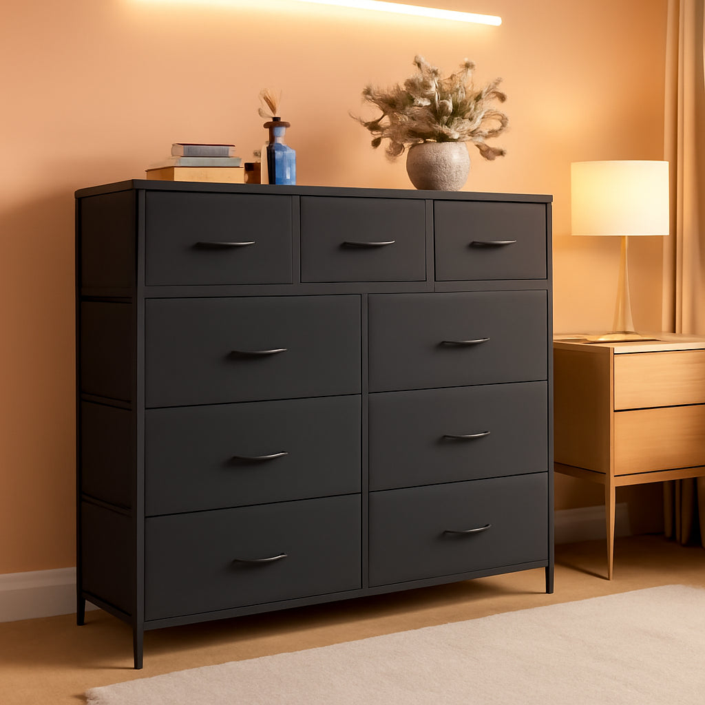 Black Fabric Dresser With Nine Drawers For Nursery