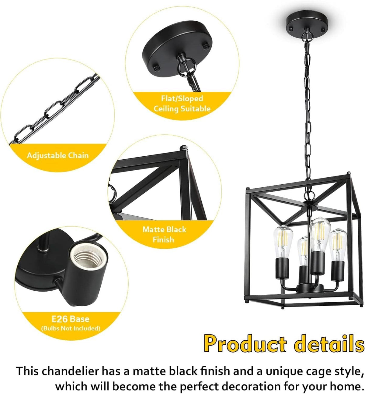 Black Farmhouse 4 Light Chandelier Pendant Light Adjustable