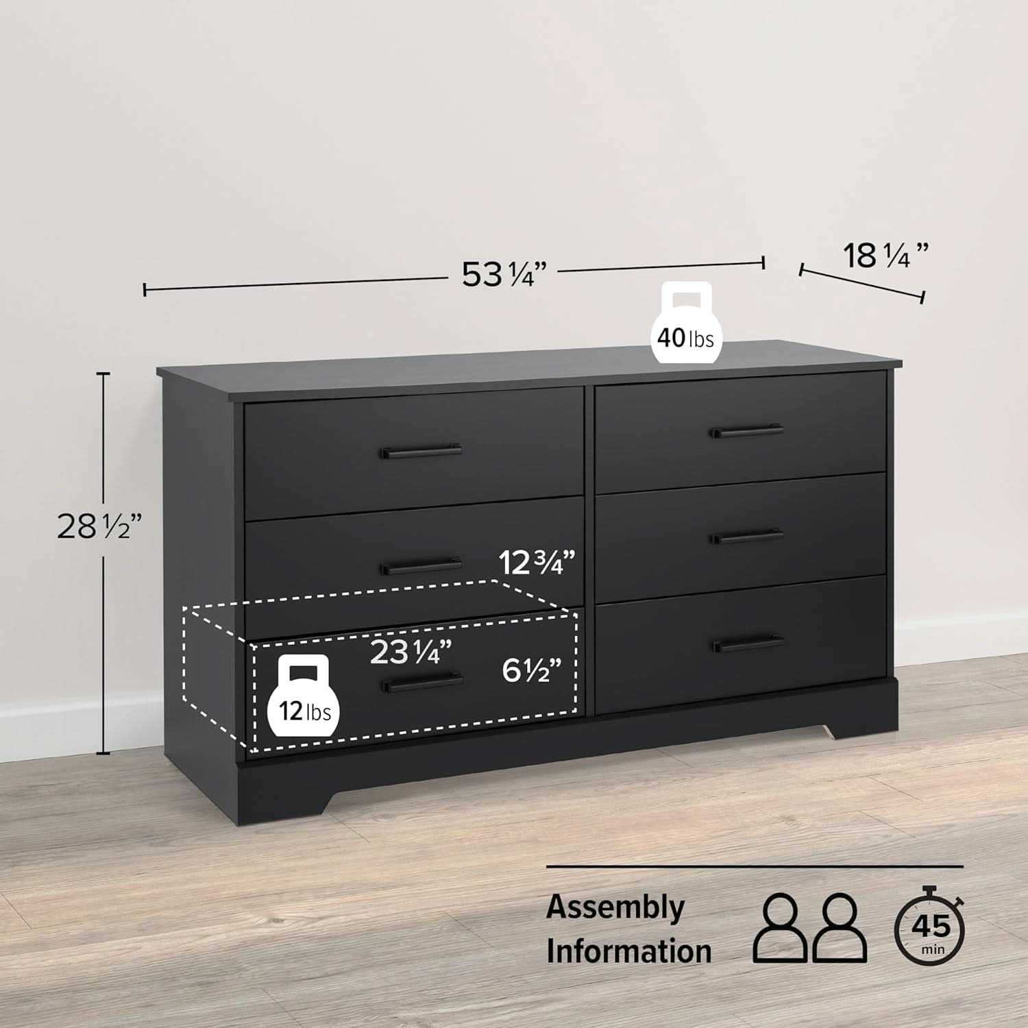 Black Farmhouse 6 Drawer Dresser 53.25W for Bedroom