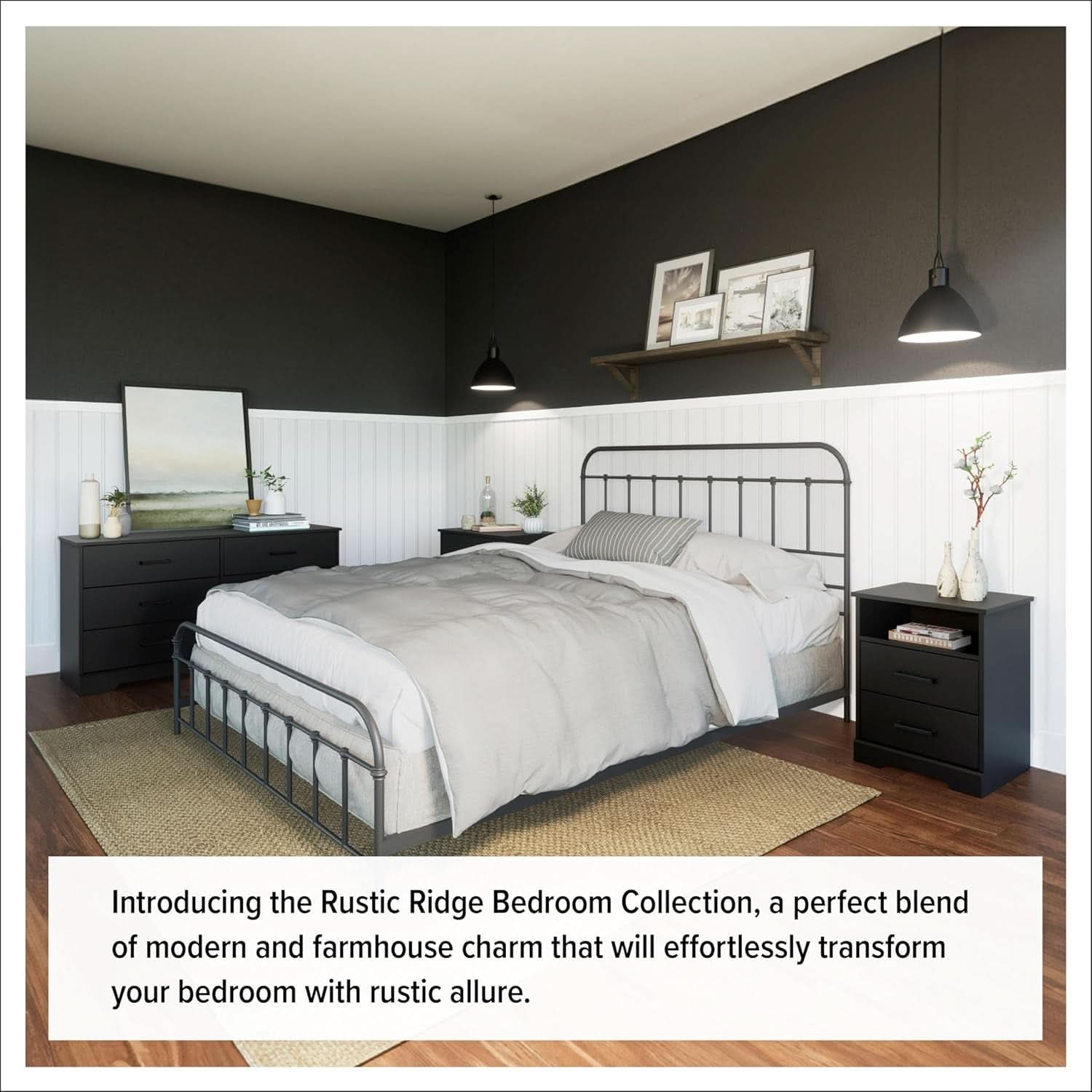 Black Farmhouse 6 Drawer Dresser 53.25W for Bedroom