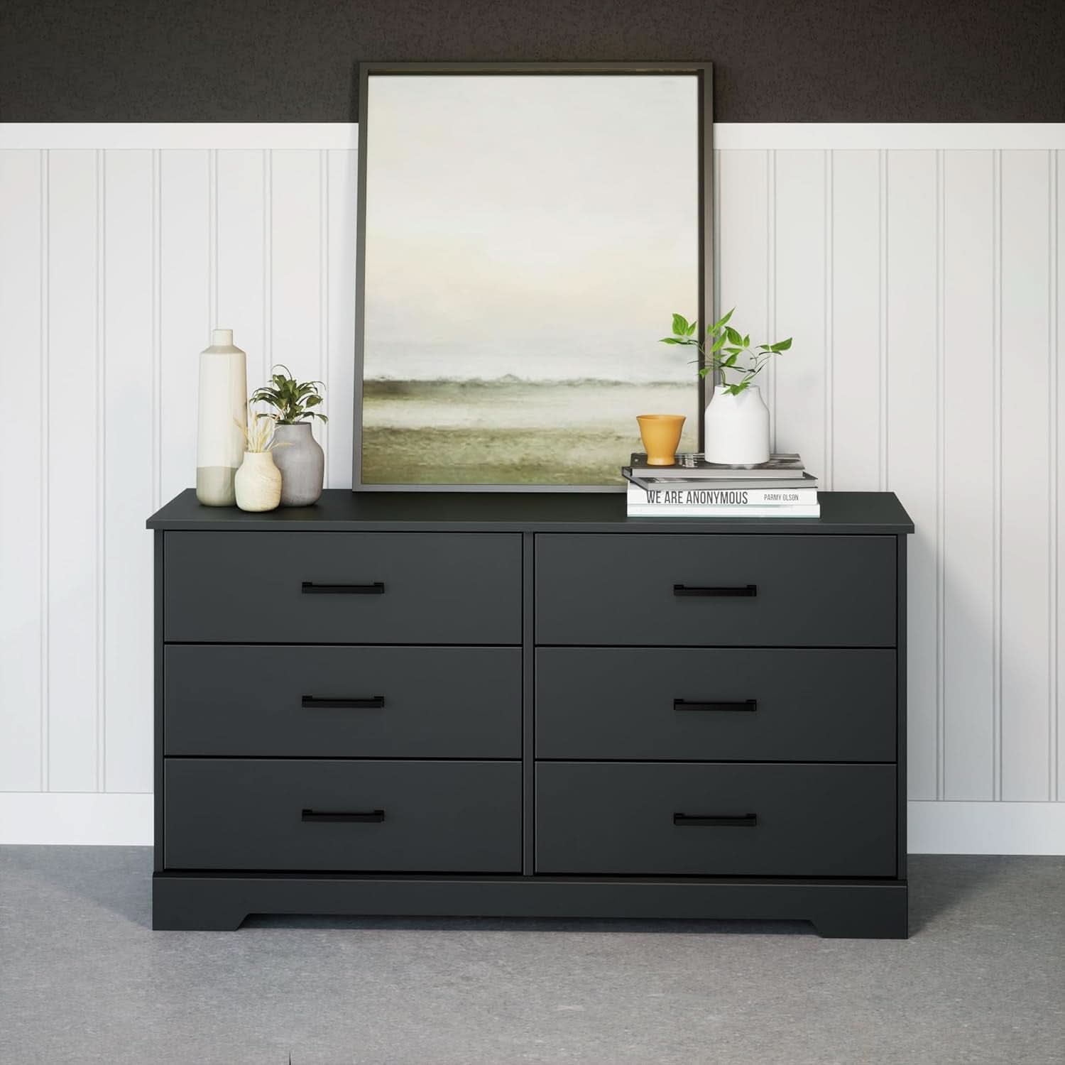Black Farmhouse 6 Drawer Dresser 53.25W for Bedroom