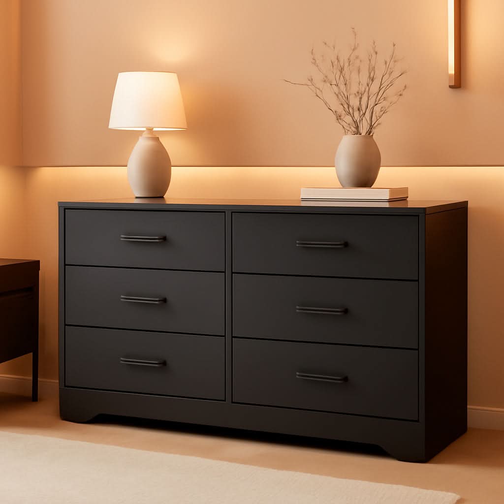Black Farmhouse 6 Drawer Dresser 53.25W for Bedroom