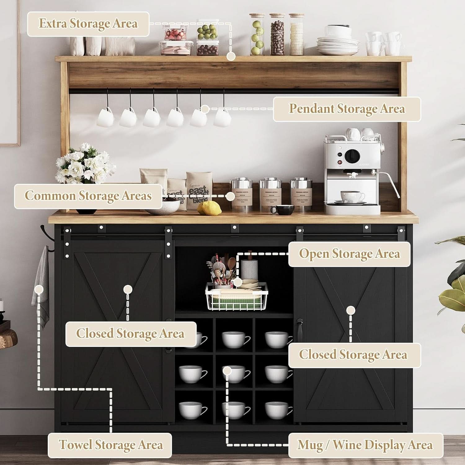 Black Farmhouse Coffee Bar Cabinet 47 Inch Hutch With Display Top