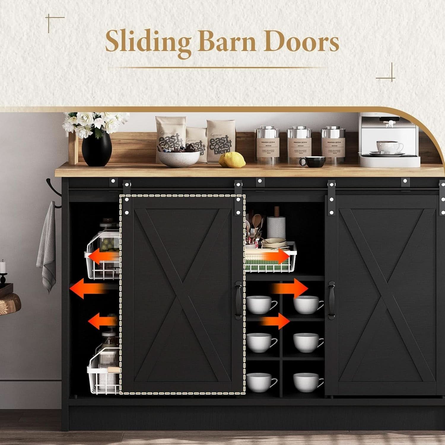 Black Farmhouse Coffee Bar Cabinet 47 Inch Hutch With Display Top