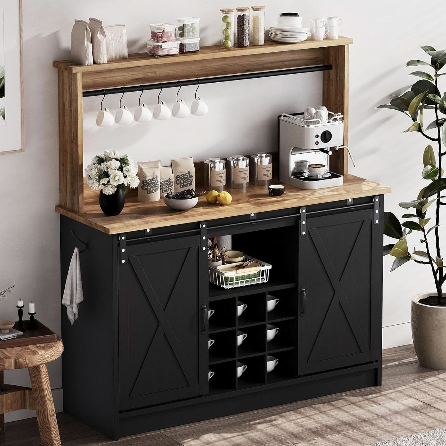 Black Farmhouse Coffee Bar Cabinet 47 Inch Hutch With Display Top