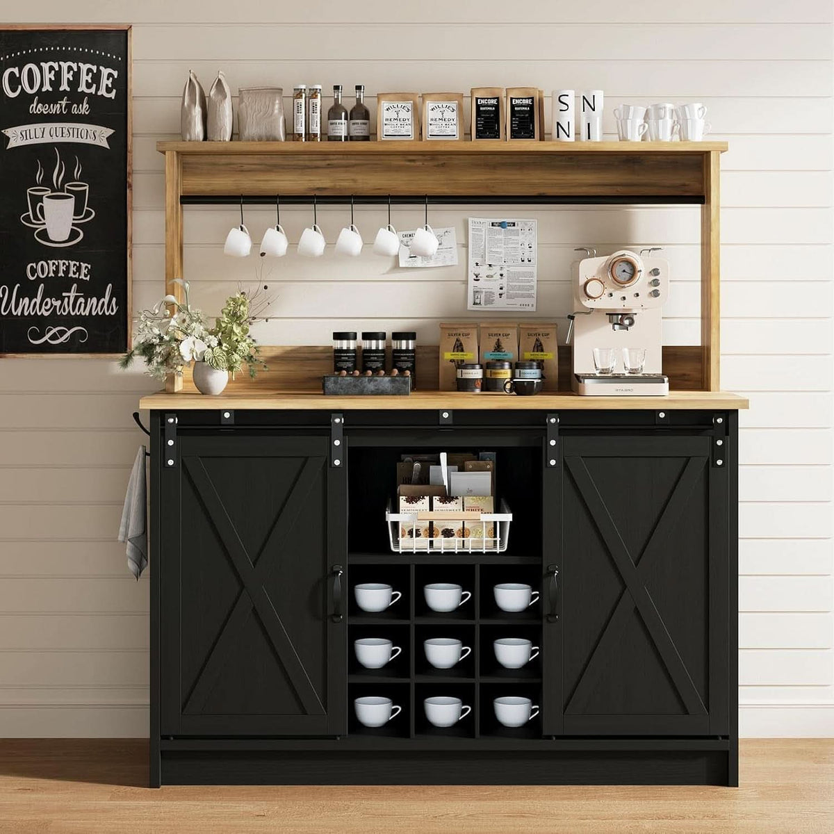 Black Farmhouse Coffee Bar Cabinet 47 Inch Hutch With Display Top