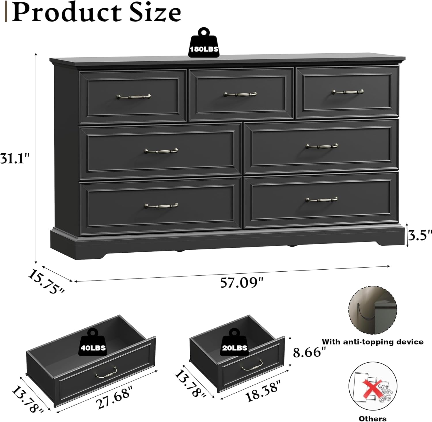Black Farmhouse Dresser 57 Inch Wide With Deep Drawers