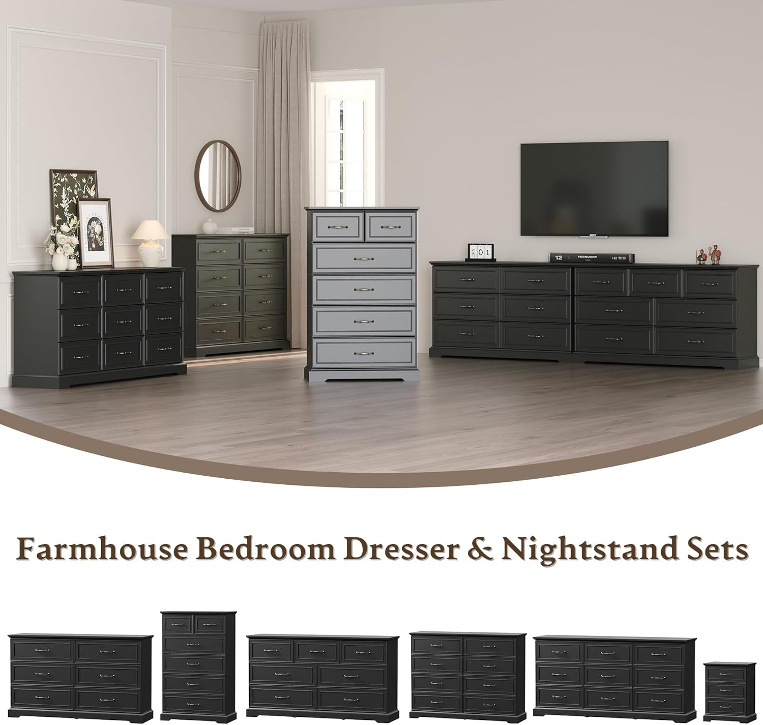 Black Farmhouse Dresser 57 Inch Wide With Deep Drawers