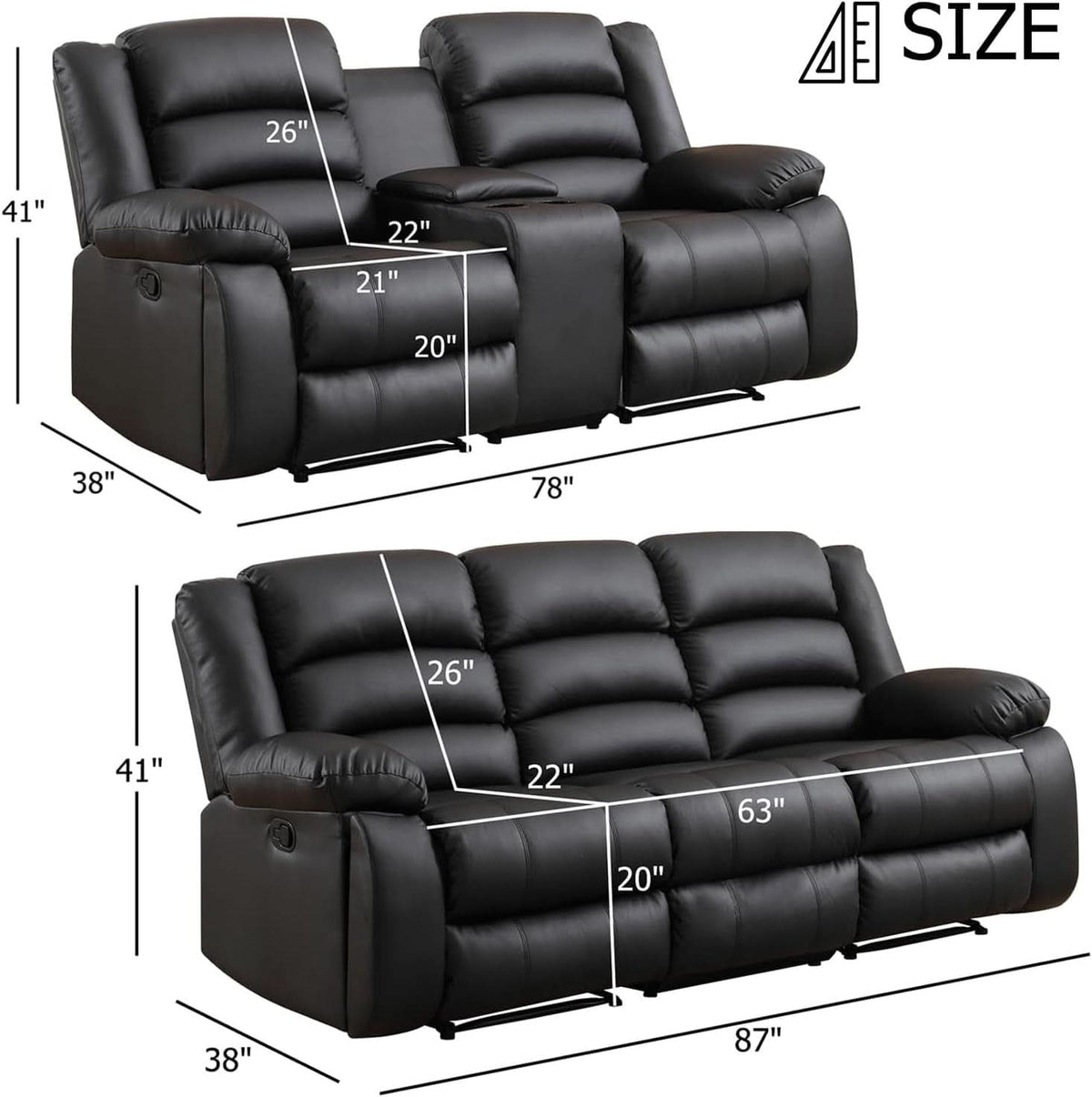 Black Faux Leather Manual Recliner Sofa Set With Loveseat
