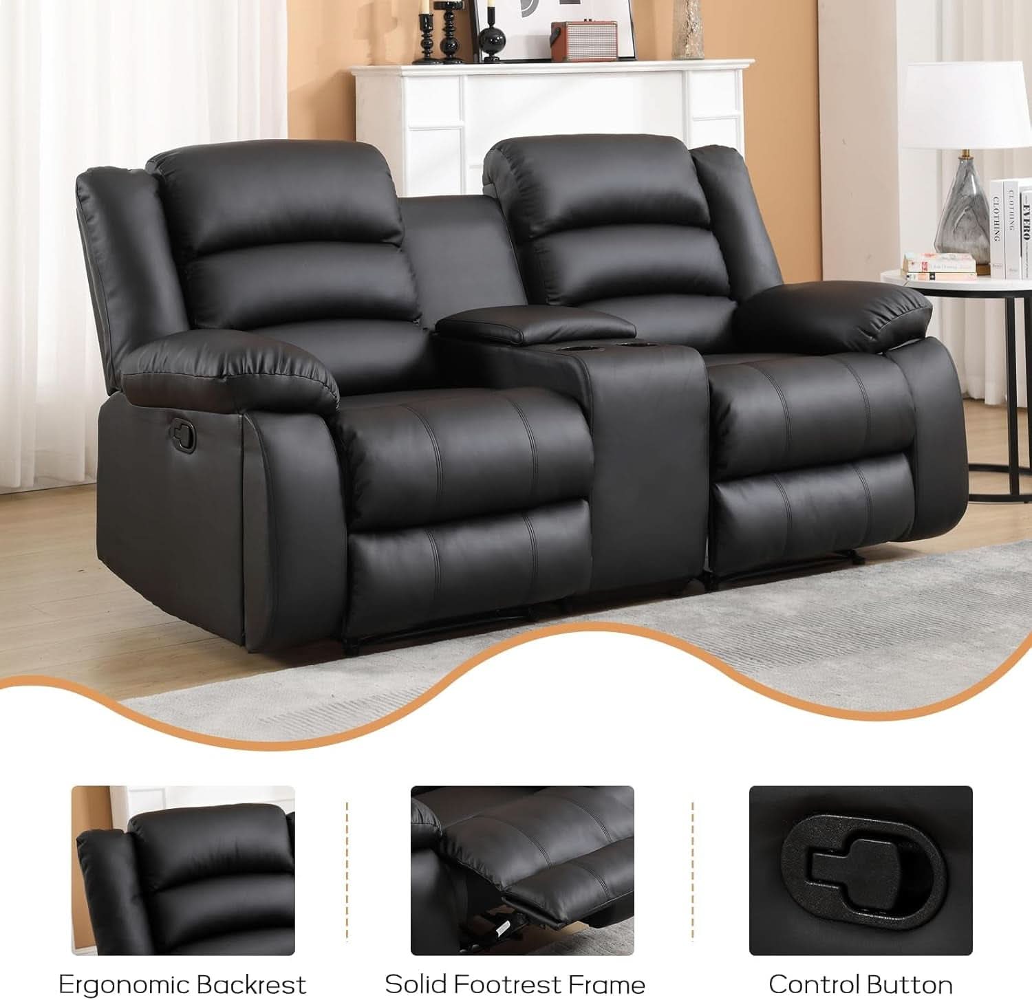 Black Faux Leather Manual Recliner Sofa Set With Loveseat