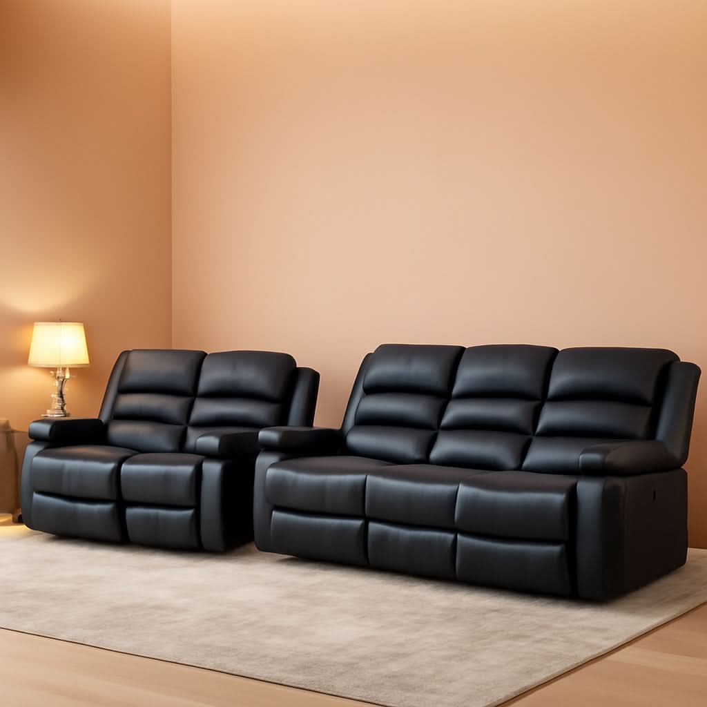 Black Faux Leather Manual Recliner Sofa Set With Loveseat