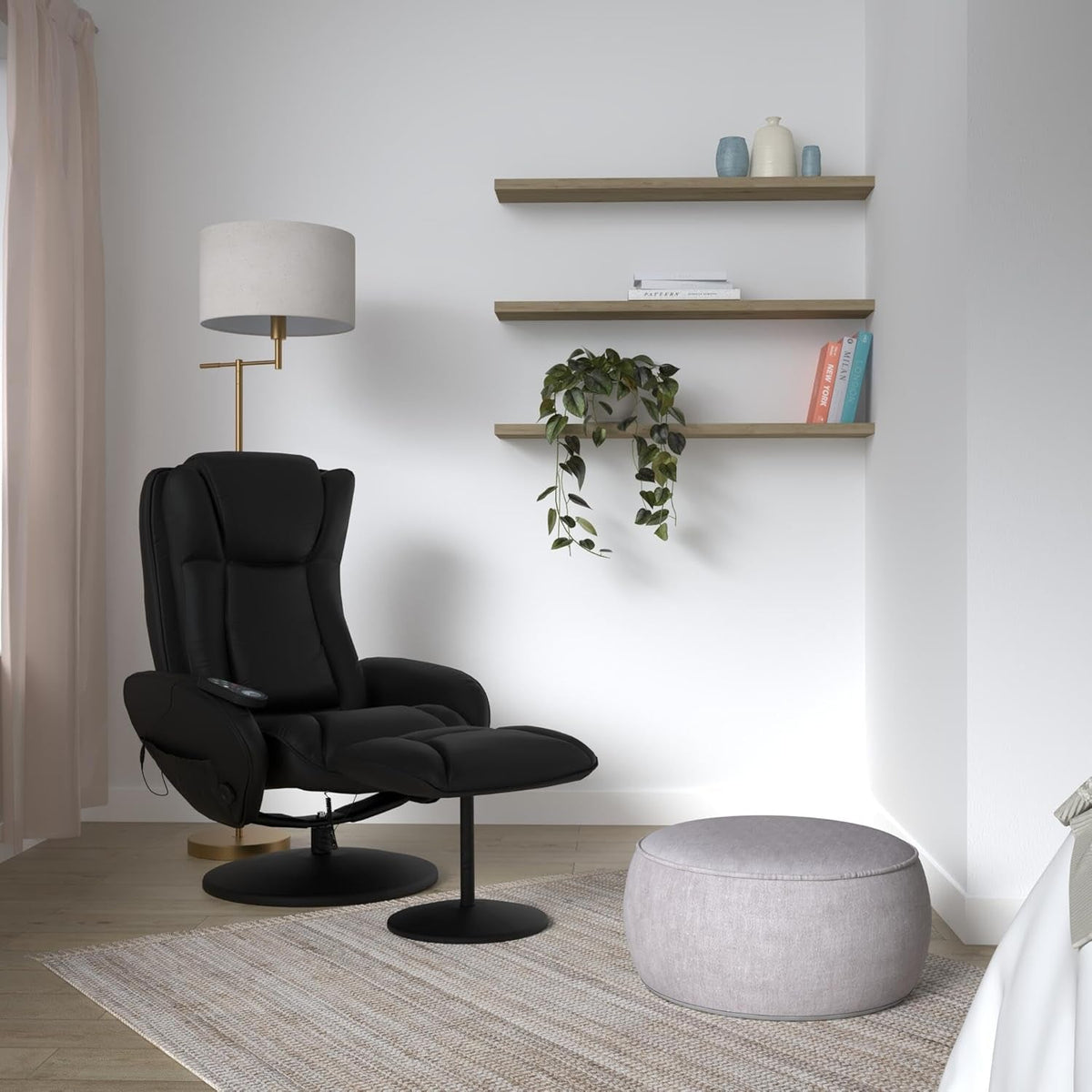 Black Faux Leather Massage Recliner With Ottoman And Remote