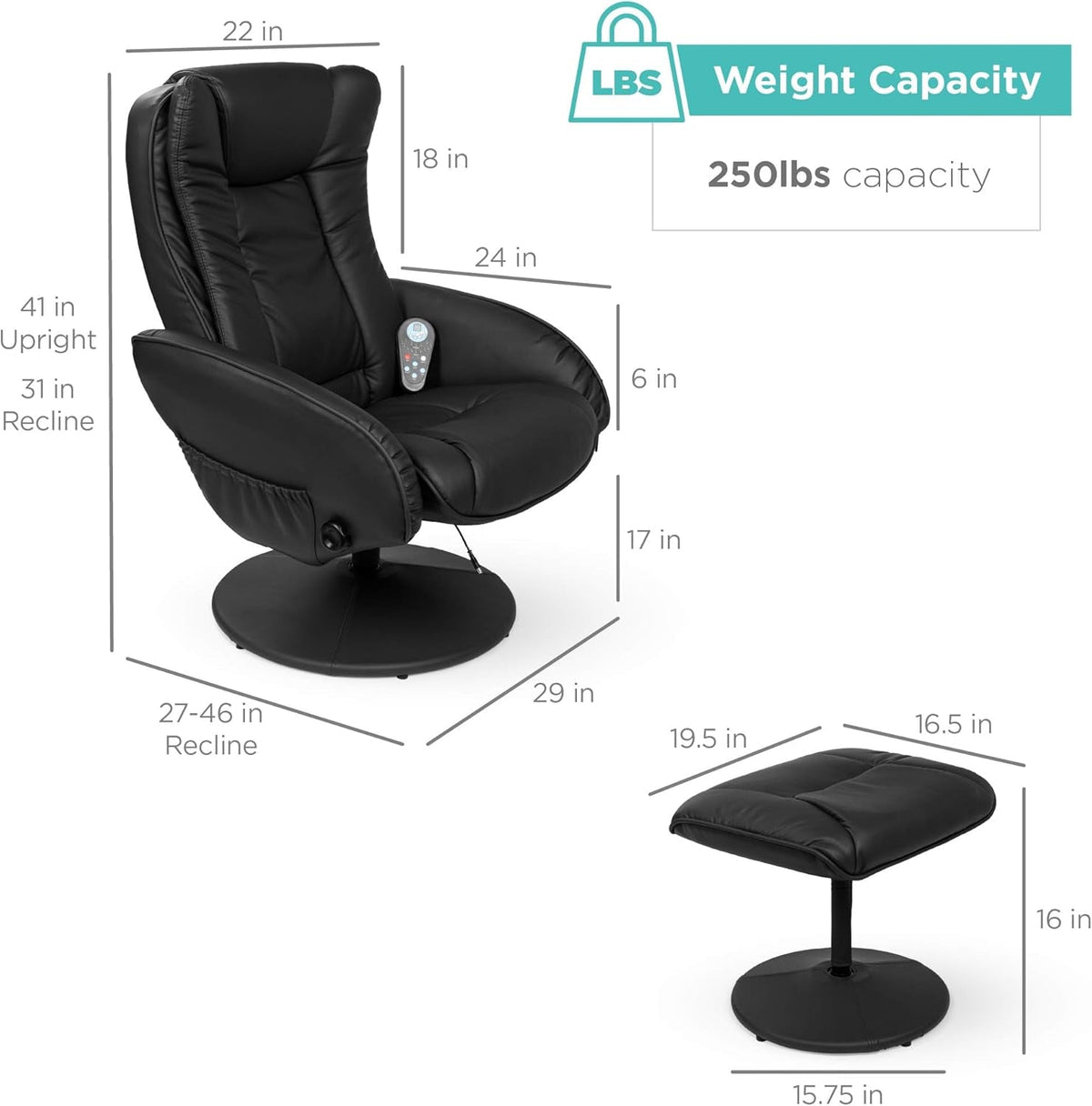 Black Faux Leather Massage Recliner With Ottoman And Remote