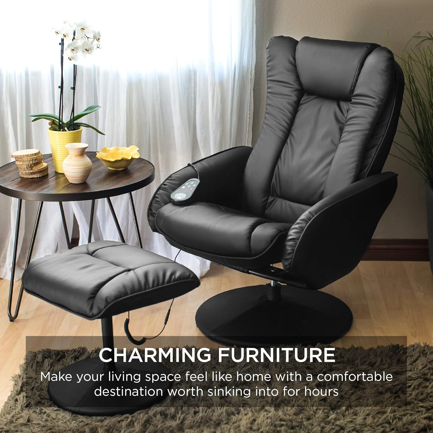 Black Faux Leather Massage Recliner With Ottoman And Remote