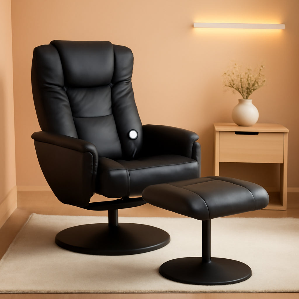 Black Faux Leather Massage Recliner With Ottoman And Remote