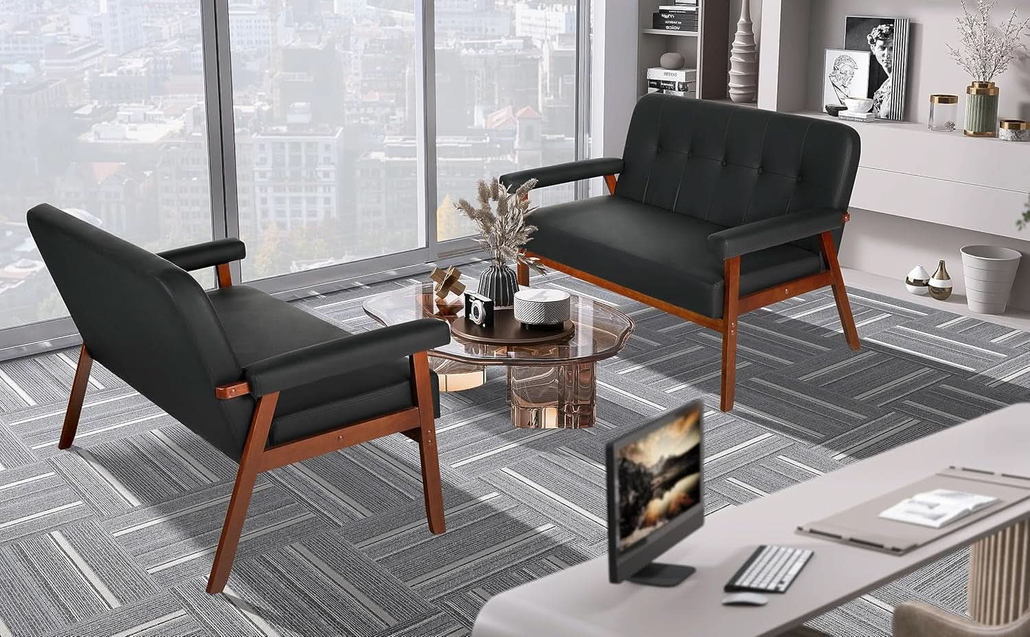 Black Faux Leather Mid Century Loveseat Sofa with Cushions