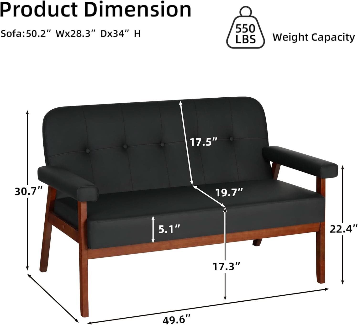 Black Faux Leather Mid Century Loveseat Sofa with Cushions