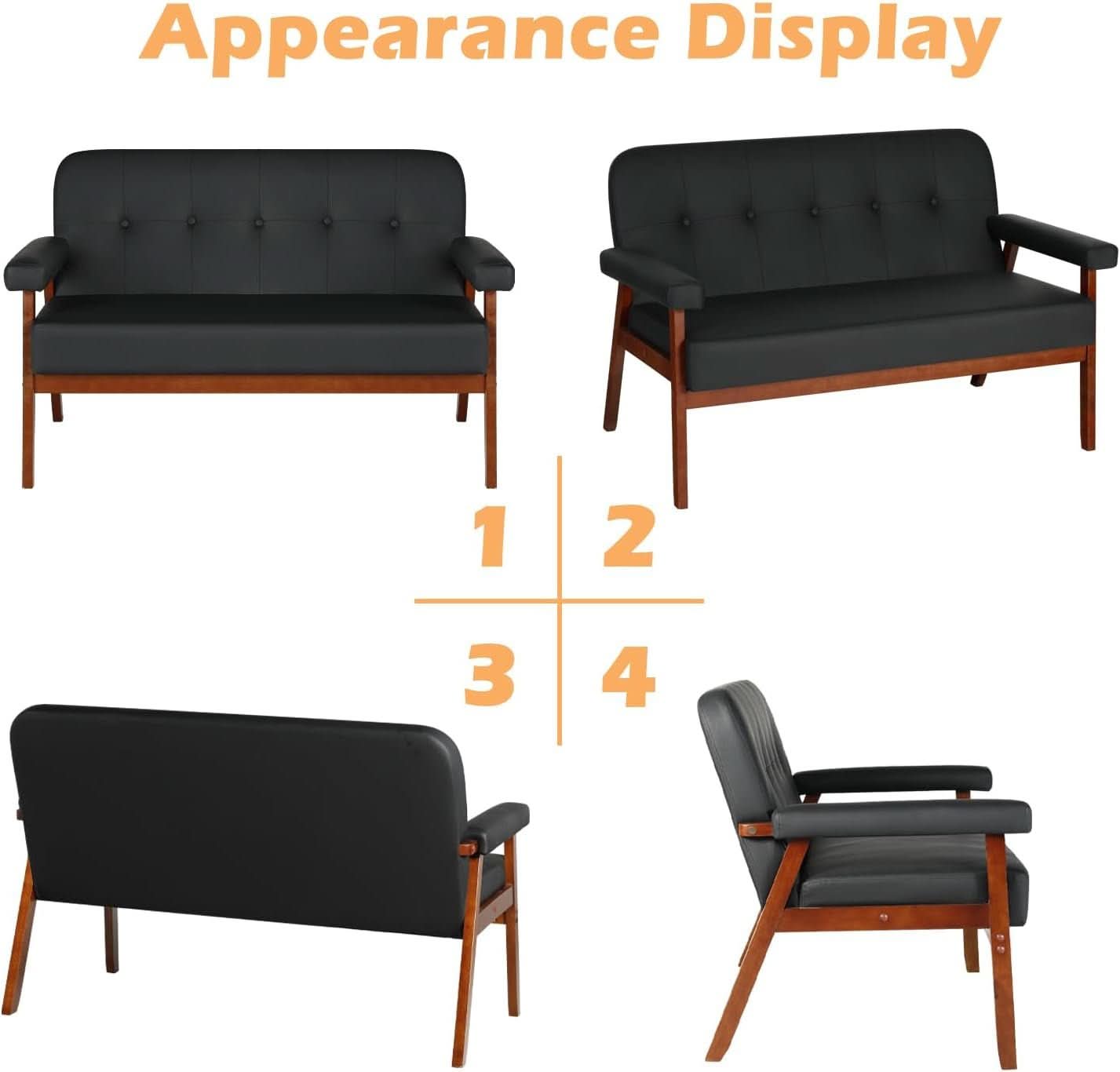 Black Faux Leather Mid Century Loveseat Sofa with Cushions