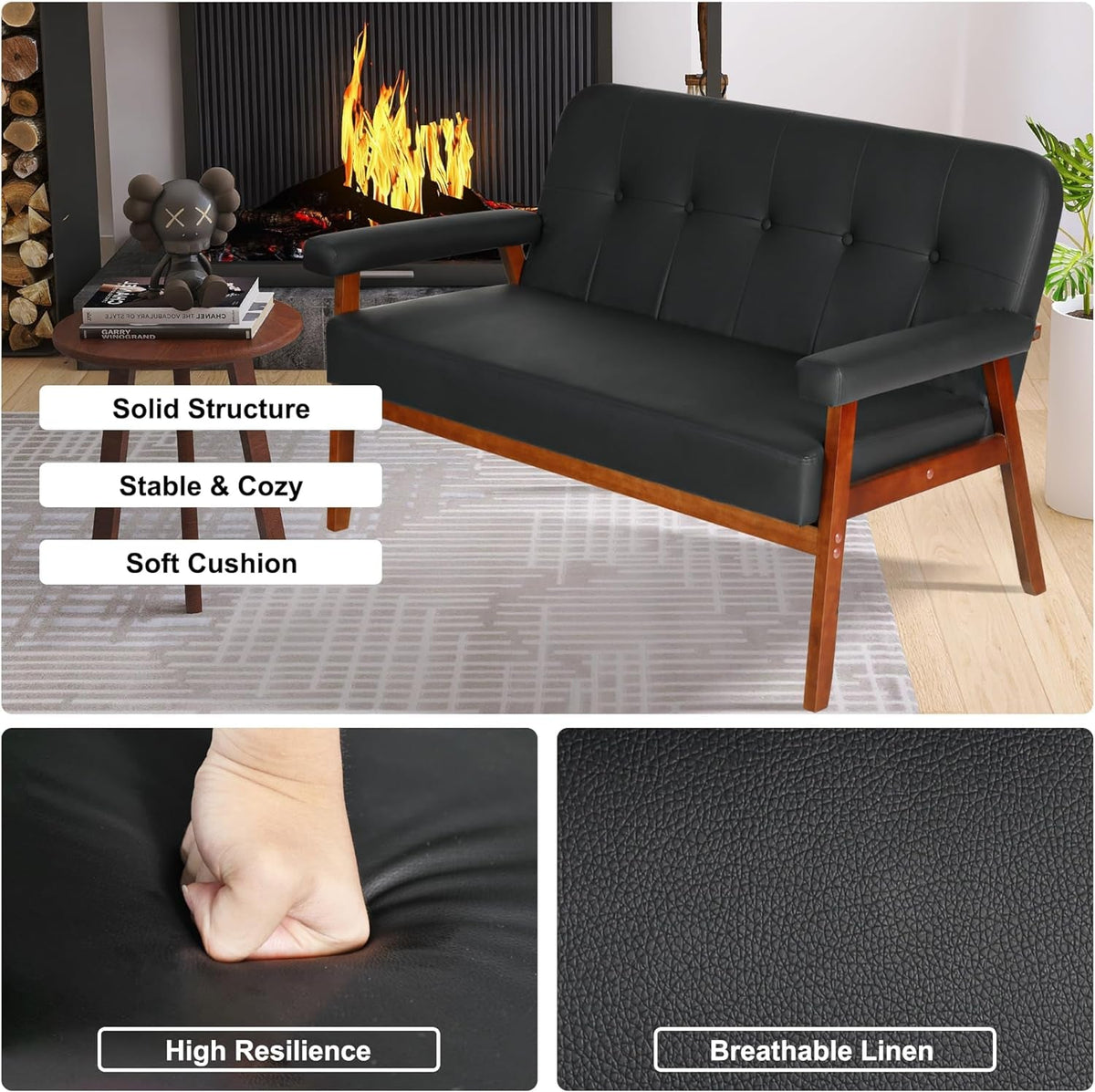 Black Faux Leather Mid Century Loveseat Sofa with Cushions