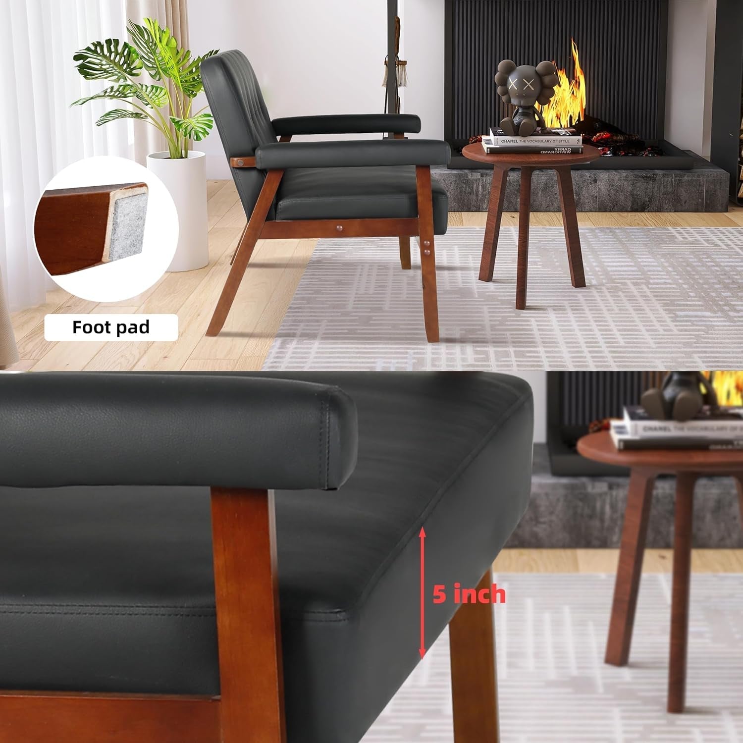 Black Faux Leather Mid Century Loveseat Sofa with Cushions