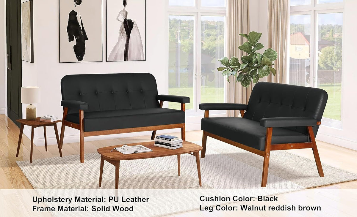 Black Faux Leather Mid Century Loveseat Sofa with Cushions