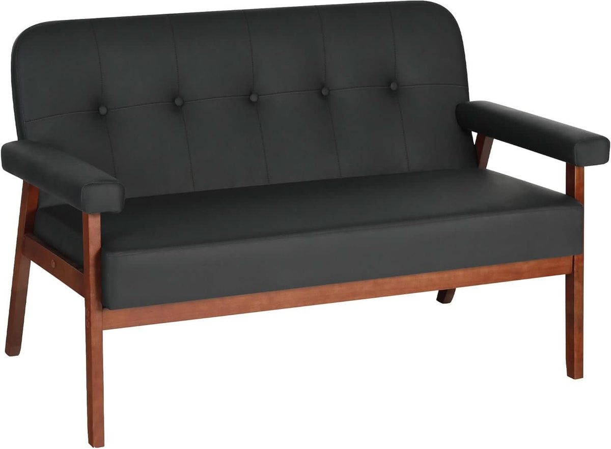 Black Faux Leather Mid Century Loveseat Sofa with Cushions